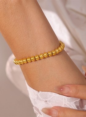 欧美风钛钢钢珠手串金色女士极简金属质感圆珠抽拉扣手链跨境饰品