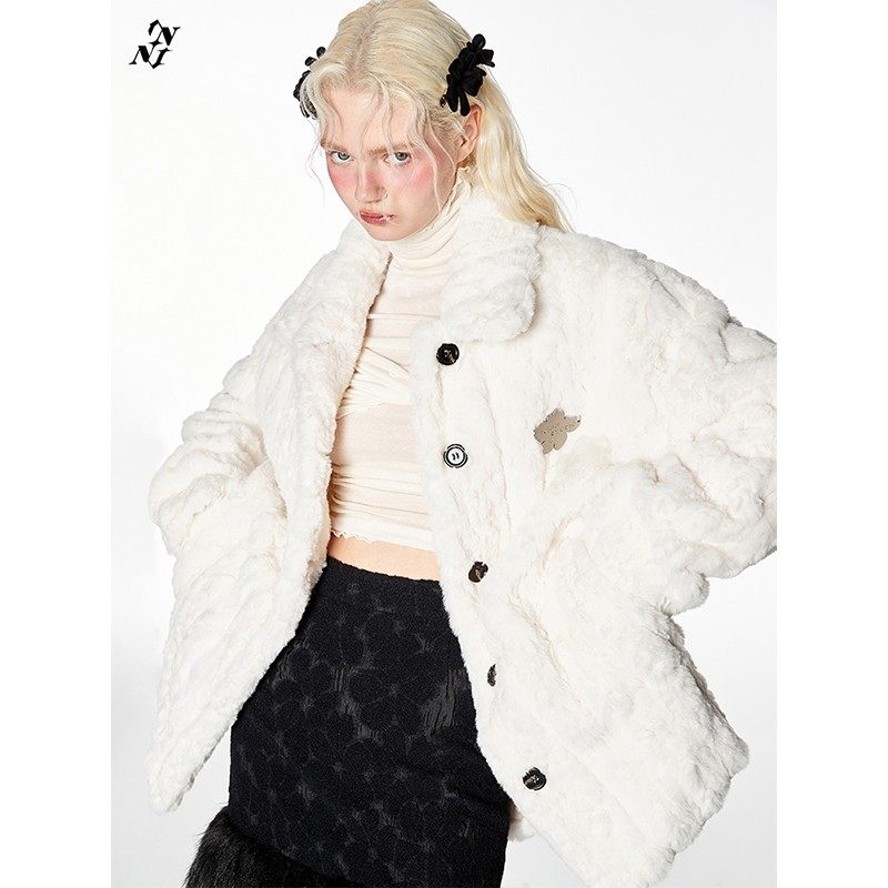 1JI SDIO 冬n日被包裹住的温柔甜酷毛绒绒白色环保皮草短外套