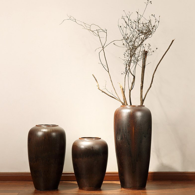 现代复古陶罐粗陶陶缸客厅家居软装饰品陶瓷落地大花瓶干花摆件