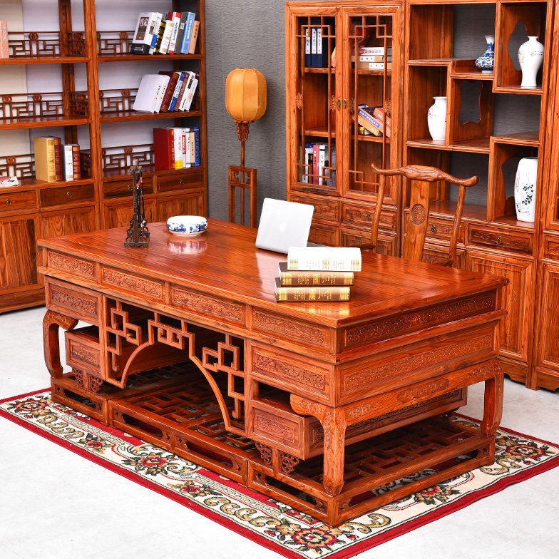 明清仿古 祥云办公桌 中式实木办公桌椅书柜组合 老板桌写子台