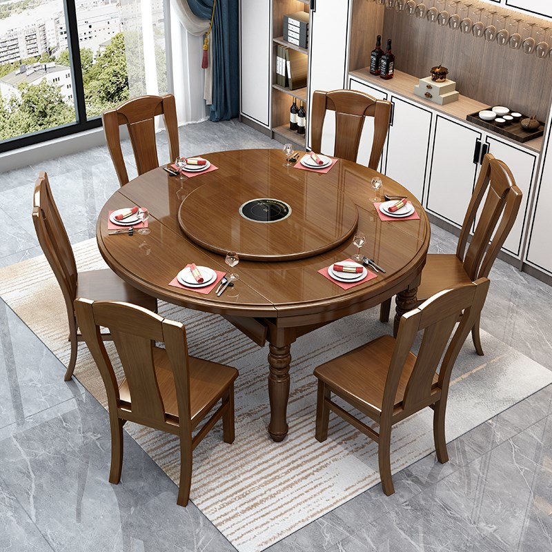 全实木带电磁炉餐桌椅组合新中式家用大小户型U两用圆桌火锅桌