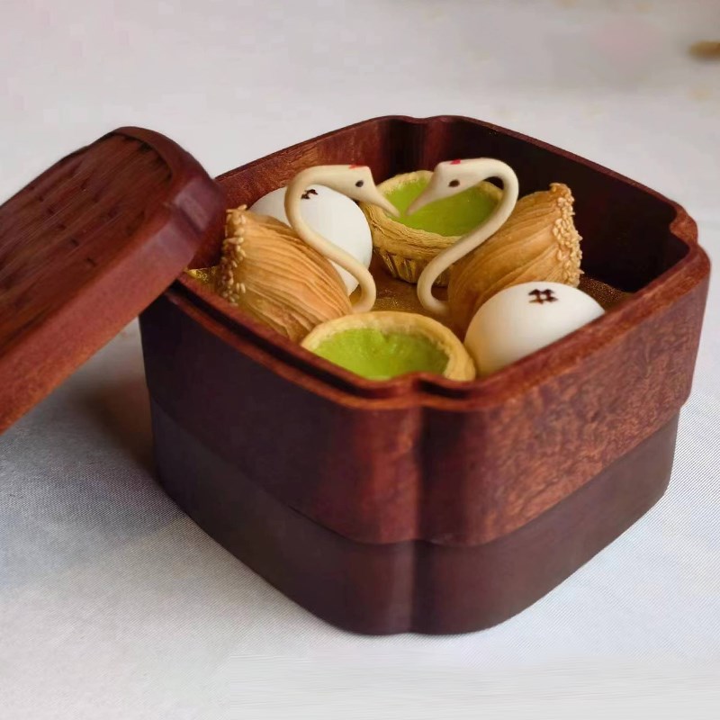 新中式实木创e意三层蒸笼盘高档会所餐厅意境菜餐具多种形状甜品