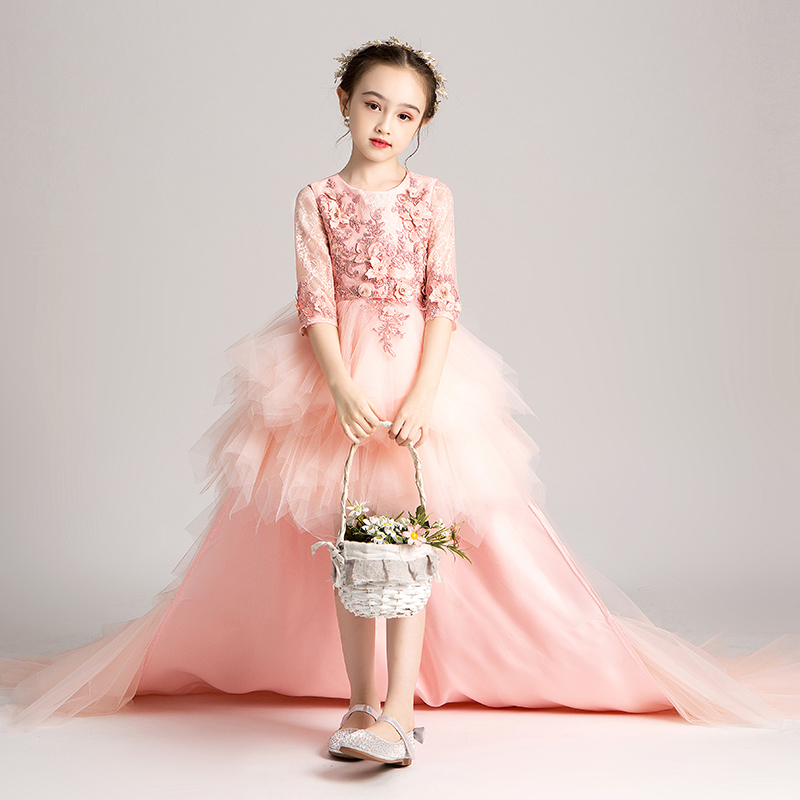 拖尾礼服女童模特走童婚纱超z长花童主持人演出服表演长袖粉色