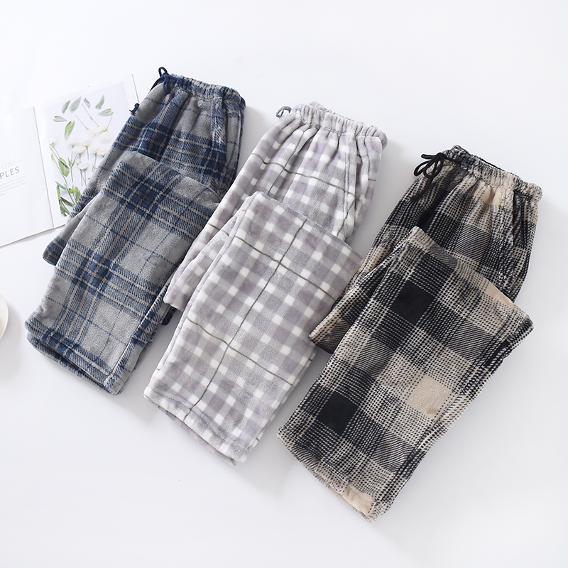 男冬法兰绒睡裤加绒加厚保暖宽松直筒散N腿裤休闲青中年家居裤