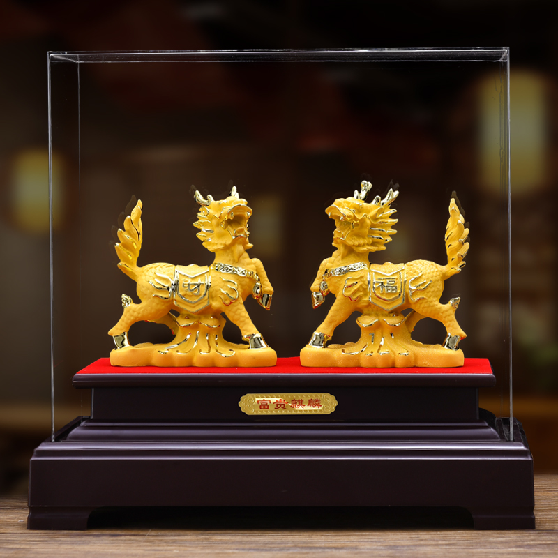 绒沙金招b财麒麟摆件一对客厅办公室玄关酒柜送子旺财纳开业礼品