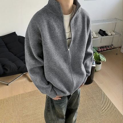 网图双拉链高领休闲简约针织开衫慵懒风宽松外套毛衣