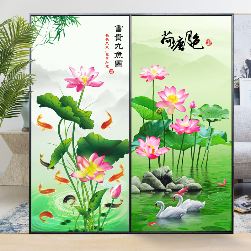 中式玻璃门贴纸荷花九鱼图玻璃贴膜国画静电磨砂窗户贴纸防窥装饰图片