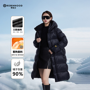 ROBINHOOD/罗宾汉黑色金标男女同款时尚高充绒保暖长款连帽羽绒服