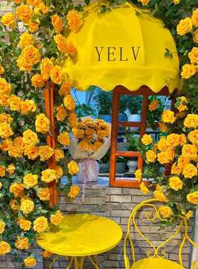 仿真黄色玫瑰花墙面塑料藤条藤蔓空调管道客厅门头造景装饰假花藤