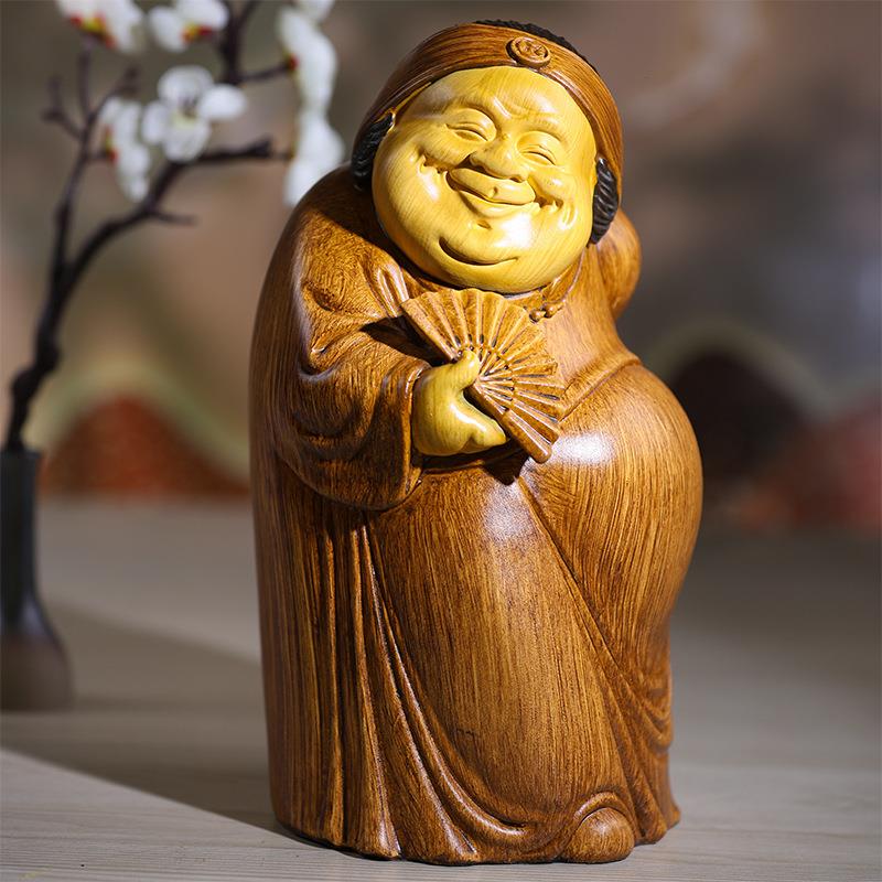 高端中式地主婆摆件客厅财神雕塑仿木雕茶几博古架装饰品桌面摆设