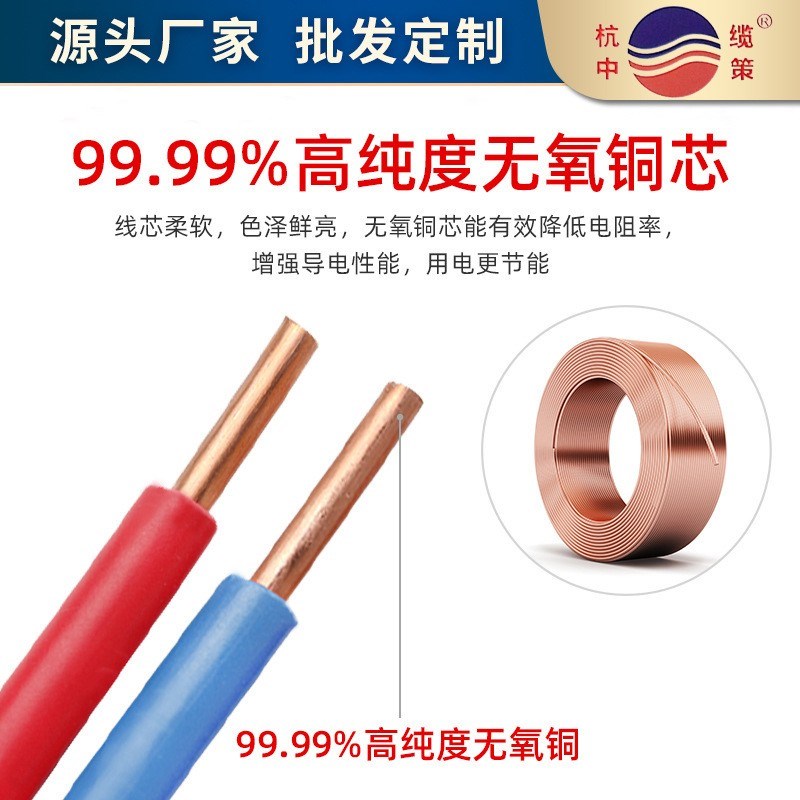 国标ZC-BV电线家用硬线1.5/2.5/4/6/10平方单芯纯铜芯阻燃铜缆线