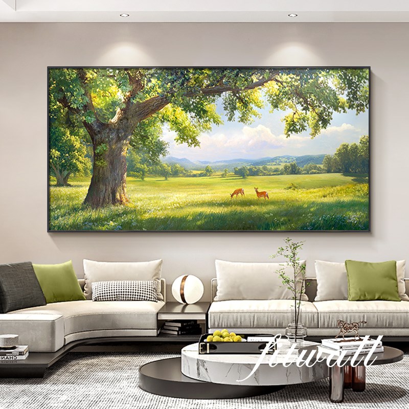 现代简约客厅沙发墙壁墙挂画小鹿大树手绘油画大幅风景餐厅装饰画图片