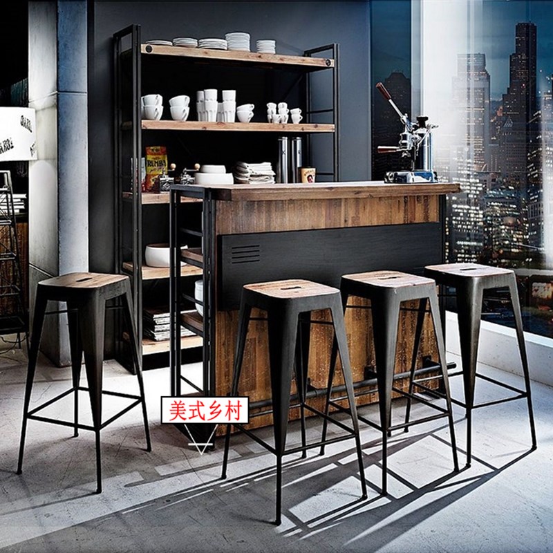 美式复古铁艺实木吧台桌创意服装店酒吧咖啡厅高脚桌收银柜台家用