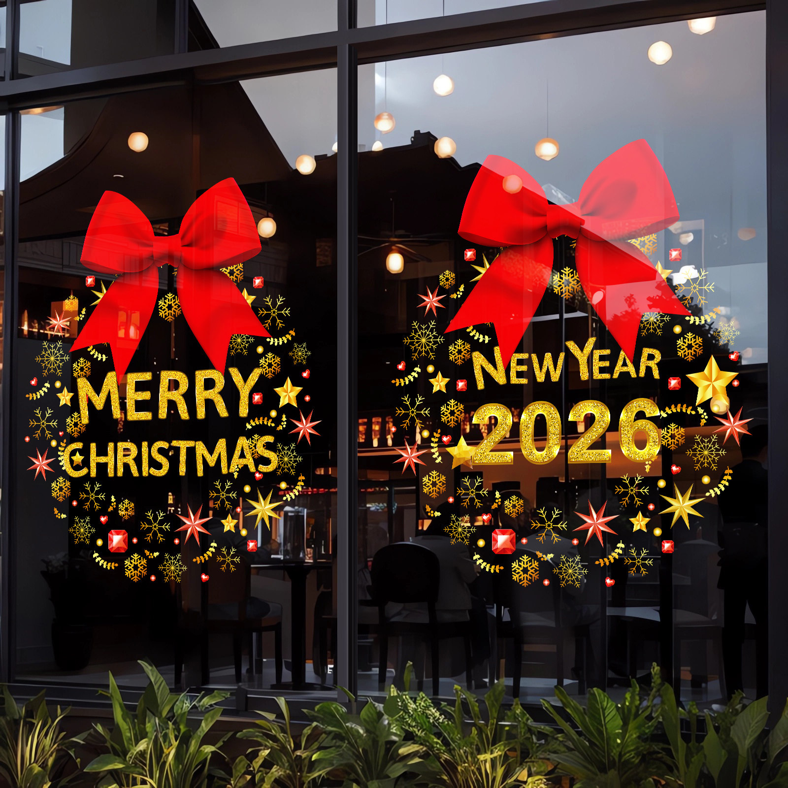 2026新年快乐圣诞玻璃墙贴蝴蝶结花环橱窗装饰墙贴静电贴纸不伤墙,家居饰品,门贴,淘宝优惠券,粉丝福利购,淘宝优惠卷