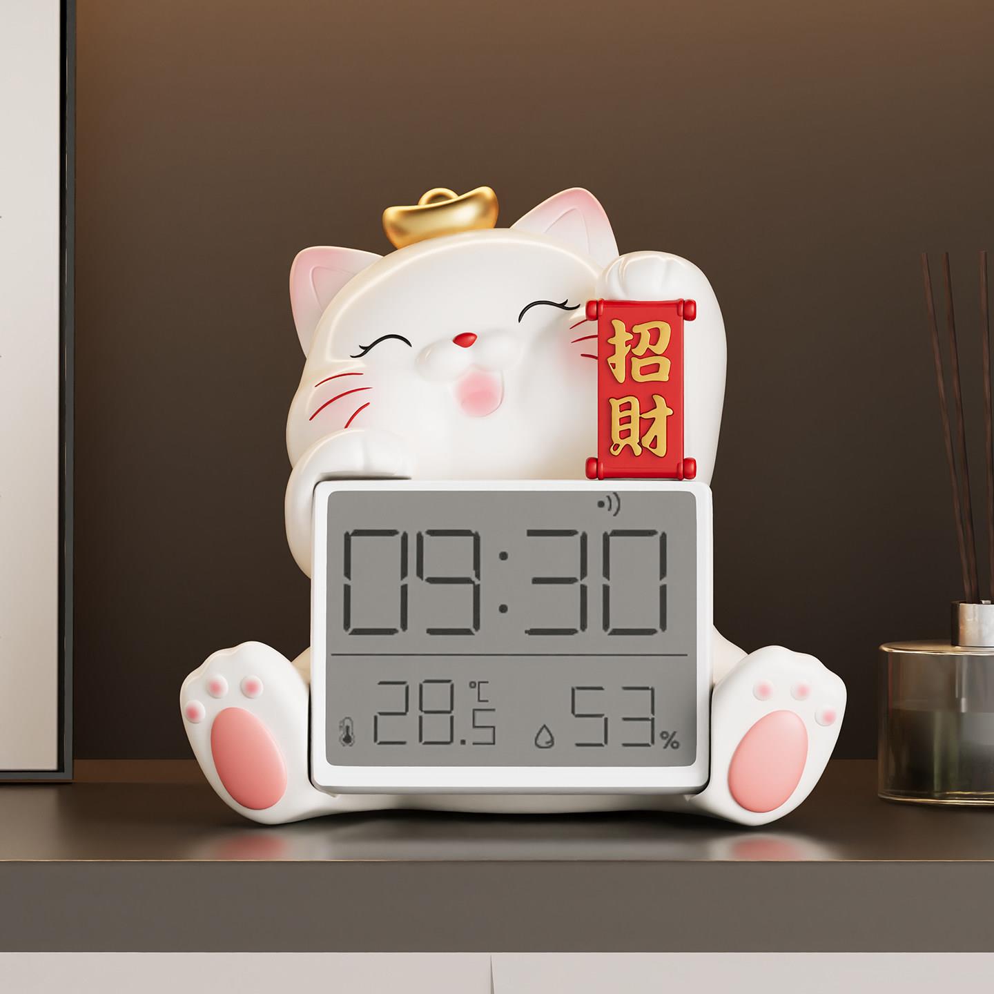 创意桌面时钟摆件招财猫室内湿度温度计家用时间显示器钟表摆台式