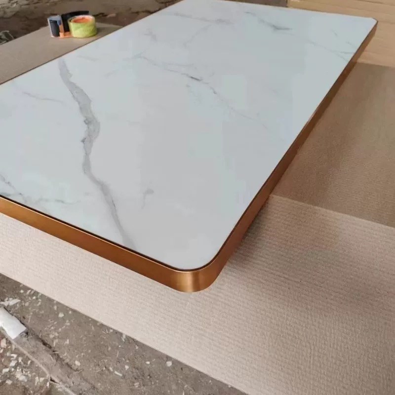 轻奢岩板加厚钛金铝合金包边理石纹长方形单桌面防水不锈钢餐台面