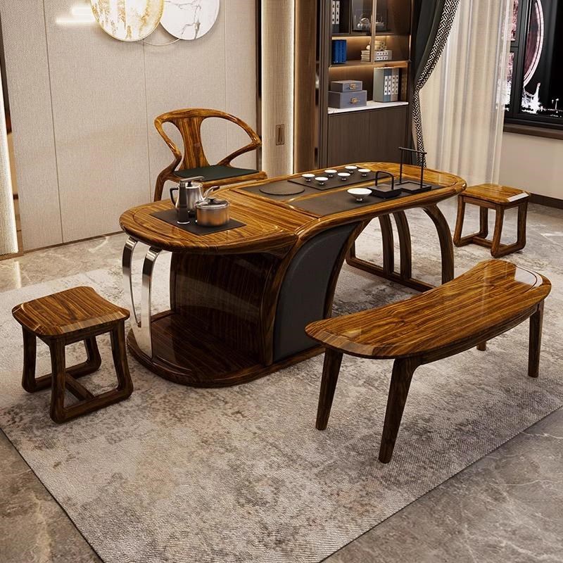 乌金木新中式全实木茶桌椅组合功夫茶几家用曲水流V觞新月禅意茶