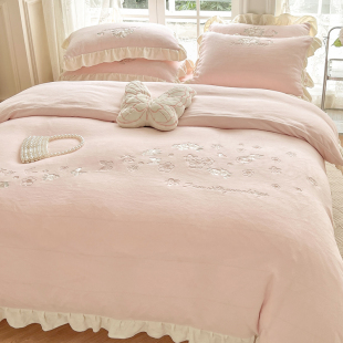 公主风珊瑚绒g四件套冬季 加厚保暖牛奶绒床上用品刺绣加绒床单被