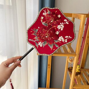 原创型紫竹木槿花机绣飞喜团扇红挡脸秀禾柄异结婚鲸短中式鹿底仙