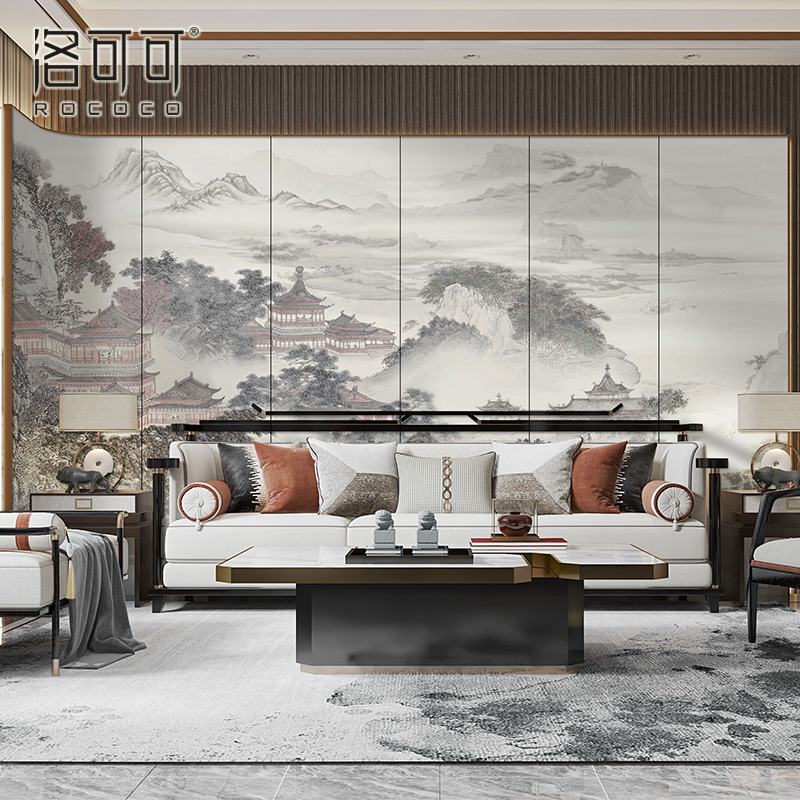 新中式电视背景墙纸山水墨亭台楼阁壁布客厅沙发茶室W民宿壁纸壁