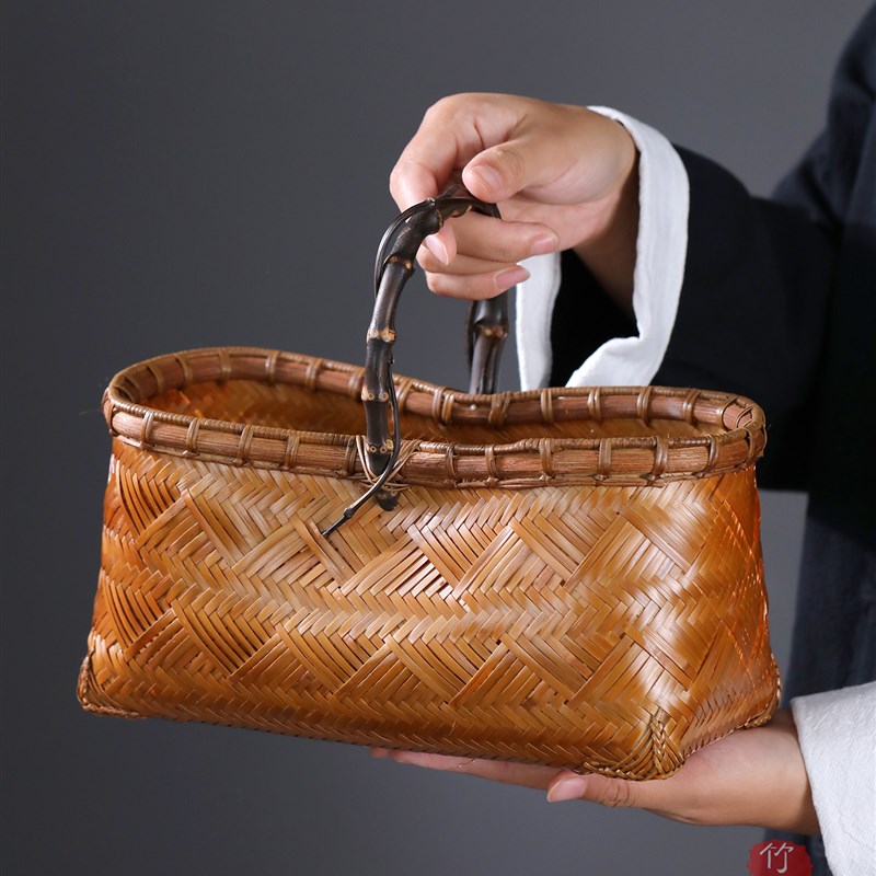 手工竹编提篮提盒紫竹把手果篮大漆竹制收纳O食盒茶具点心篮子竹