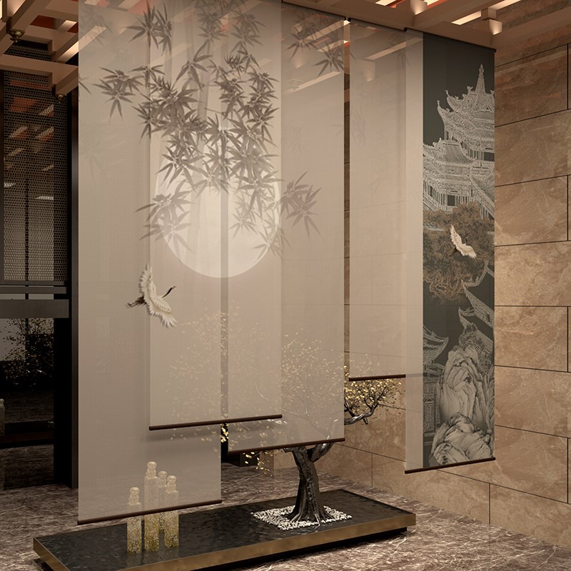 办公室窗帘卷帘遮光免打孔电动遮阳帘半透K明茶室软隔断新中式挂