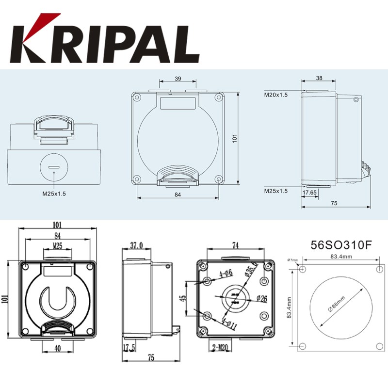 KIP户外防水h充电桩插座56SO310F防暴雨10A新国标二三插五孔