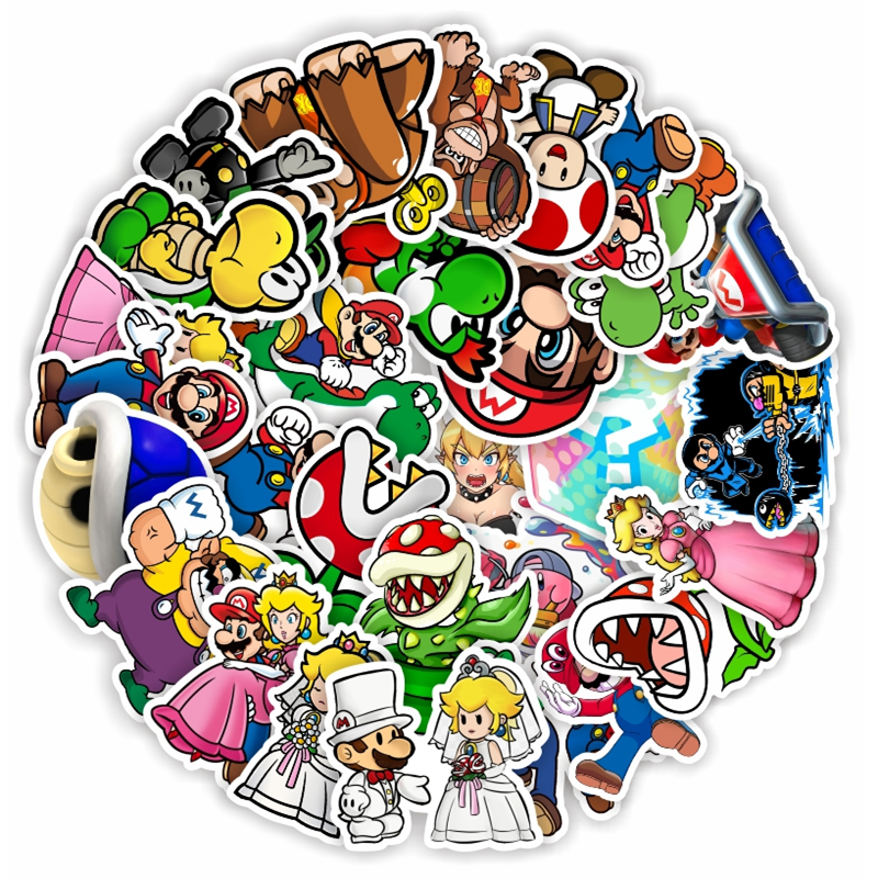 50张卡通马里奥装饰贴画手机水杯电脑手账滑板车吉他文具平板耳机