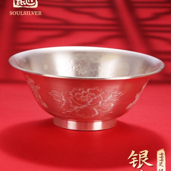 老银匠s999足银碗纯银家用食用级银餐具多款光面雪花足银龙凤呈祥