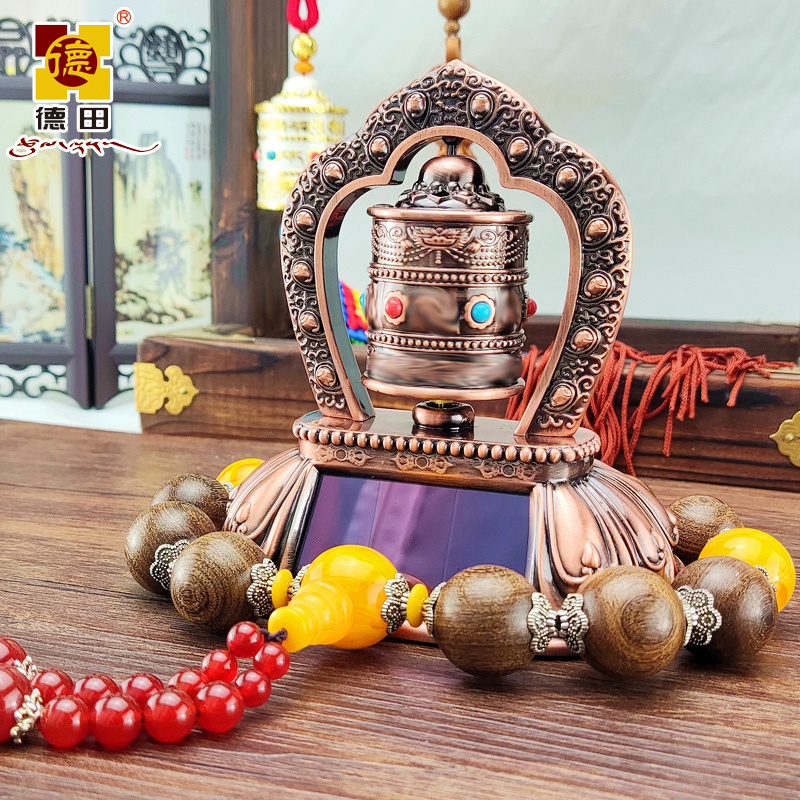 德田拉萨太阳能车载转金筒汽车摆件车H内饰品工作台摆件转金轮桶