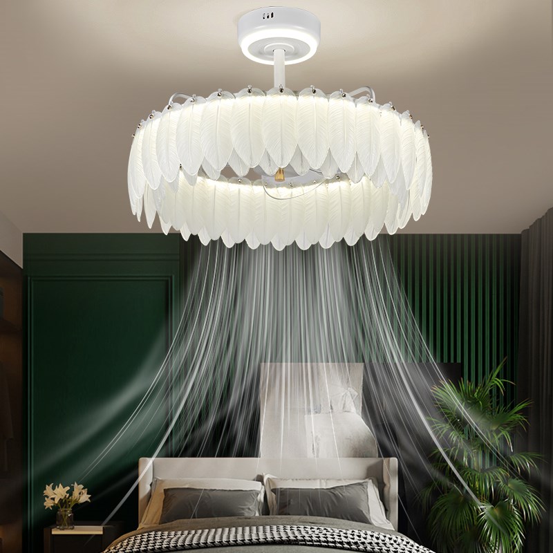 法式奶油风吊灯后客n厅餐厅吊扇灯轻奢羽毛隐形智能变频风扇灯