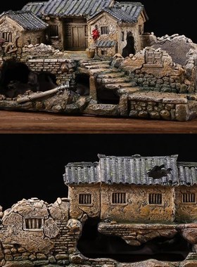 水族箱假山鱼缸造景装饰品鱼虾躲避屋建K筑模型老房子微景观小摆