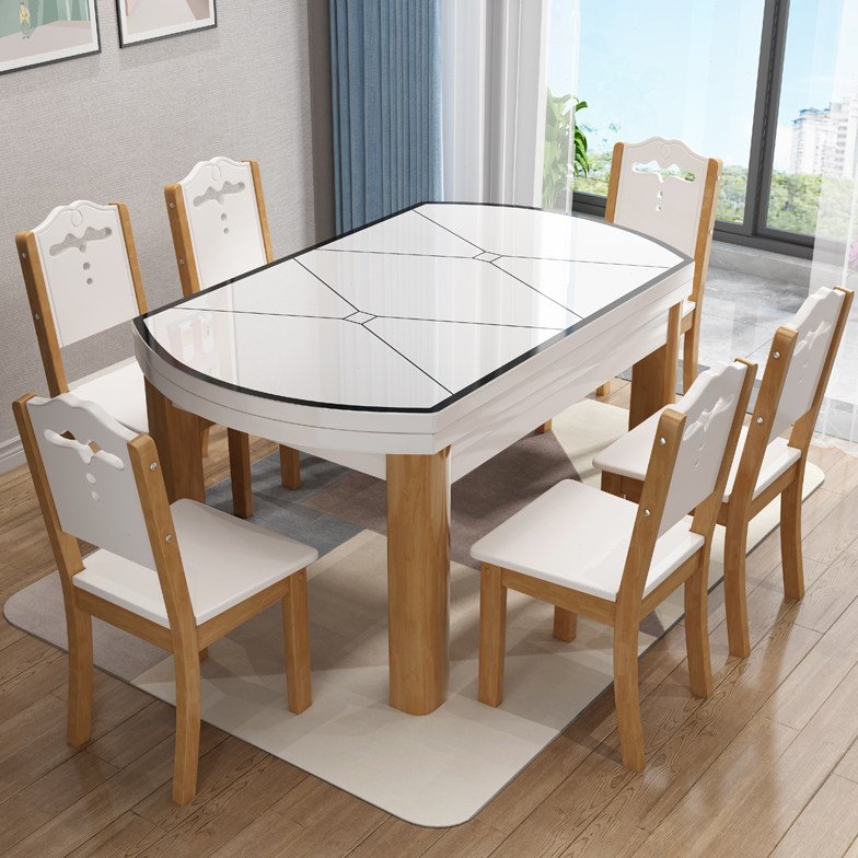 实木餐桌椅组合伸缩折叠钢化玻璃带电磁炉现代简约小户型吃饭桌子