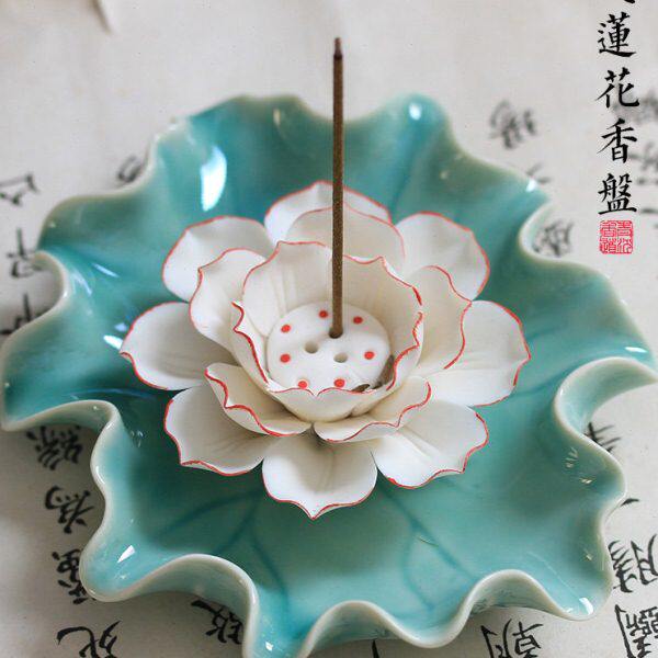 创意中式陶瓷莲花线香盘手工荷叶线香插三孔香座香托家用檀香炉