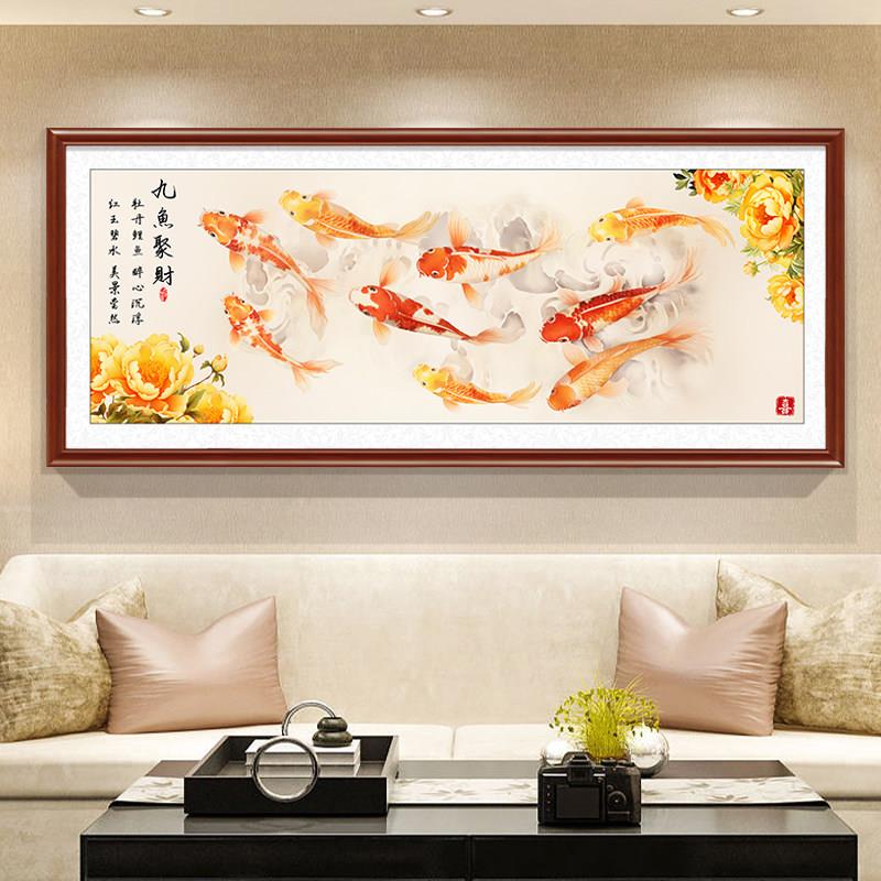 2025新款新中式九鱼图客厅装饰挂画招财牡丹荷花沙发背景墙壁画