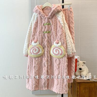 2025新款珊瑚绒睡袍女士秋冬季加绒加厚冬天睡衣长款袍家居服套装