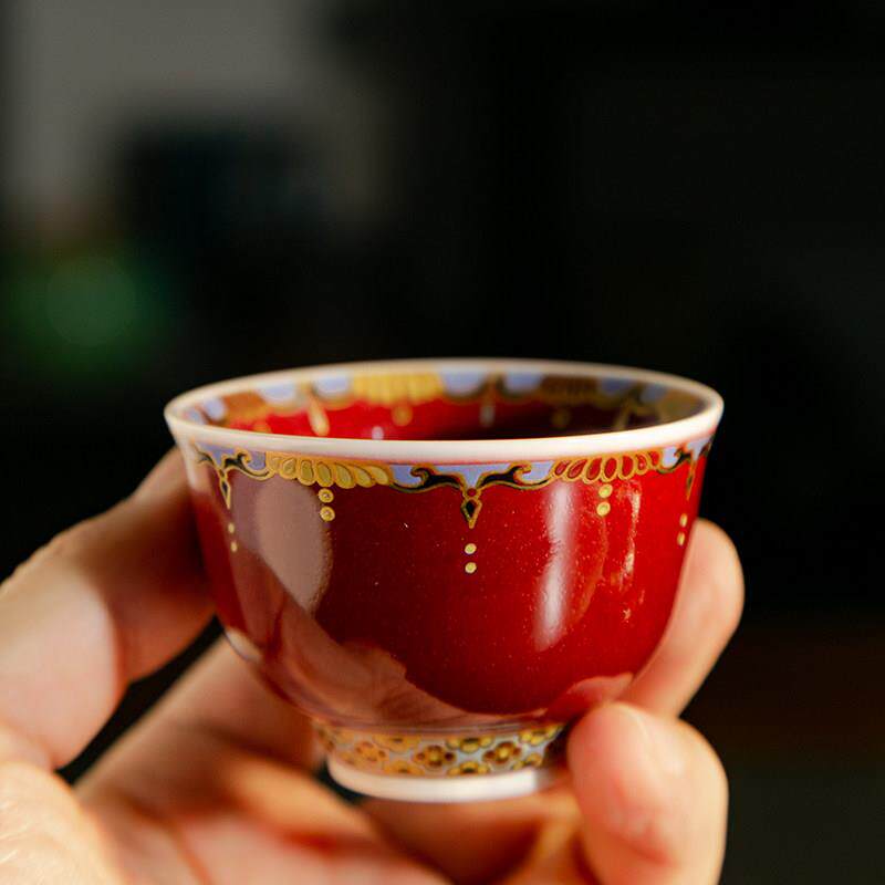 景德镇郎红釉敦煌茶杯珐琅彩陶瓷家用茶具主人杯客人杯不烫手单个