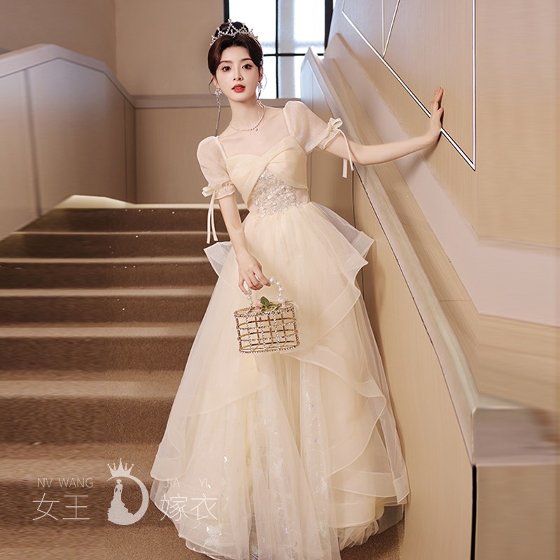 晚礼服裙a女2025新款方领法式高级感声乐艺考毕业季香槟色伴娘礼