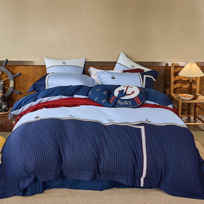 A类英伦风100S长绒棉四件套全棉高精密帆船刺绣S男孩被套床上用品