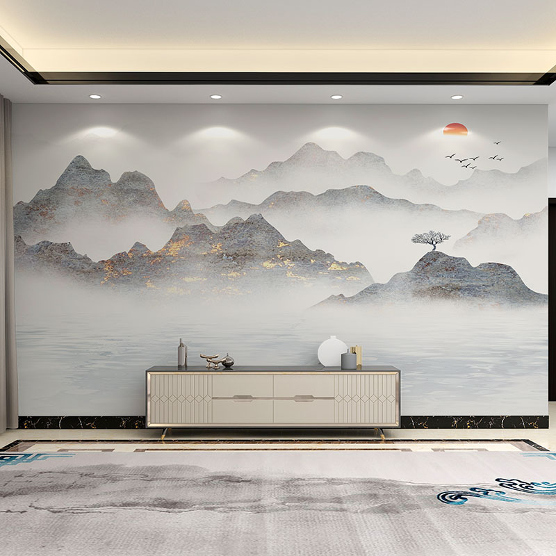 墙纸定制新中f式电视背景墙壁纸客厅沙发装饰淡雅山水影视墙布壁