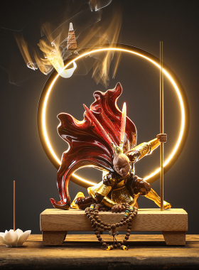 新中式禅意孙悟空齐天大圣摆件倒D流香小夜灯家居桌面客厅装饰品