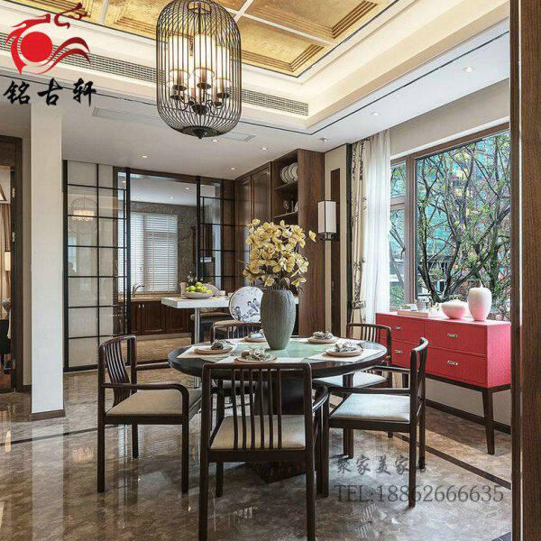 新中式实木餐桌椅组合样板房 现代简约禅意圆形饭桌一桌六椅定制