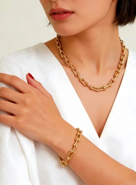 欧美ins风钛钢链条项链手链耳钉套装马蹄链耳饰百搭个性潮酷首饰