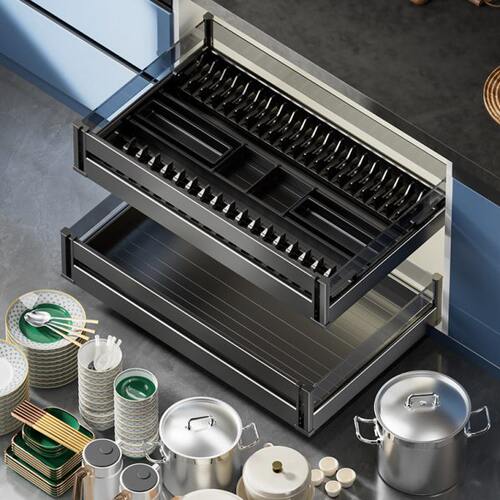 卡航拉篮厨房橱柜铝合金双层抽屉式厨柜调味料锅具碗碟架收纳碗篮