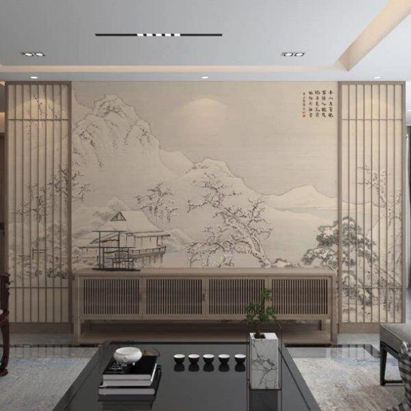 现代新中式轻奢雪景山水壁布电视背景墙古典壁画客厅沙发无缝墙纸