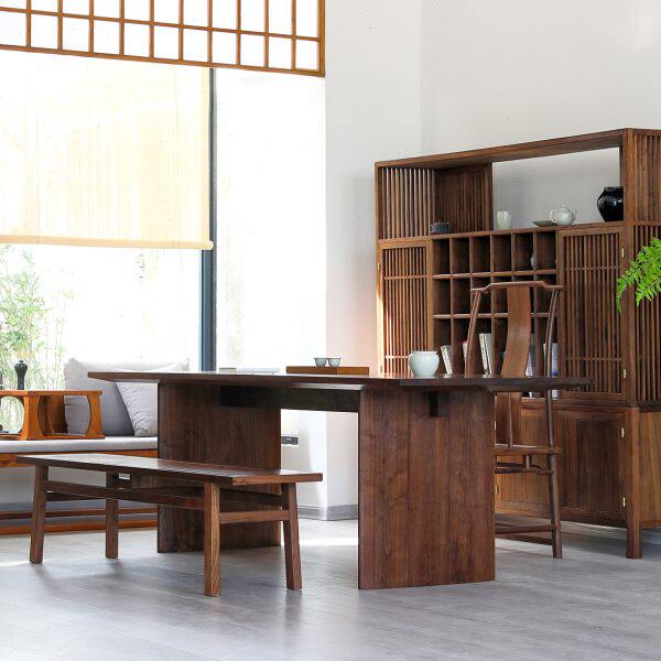 新中式北美黑胡桃木樱桃木原木茶桌实木书桌简约办公桌茶室老板桌