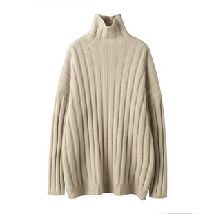 SQN男女黑色粗坑条重磅山羊绒衫 女粗棒针织加厚高领羊绒毛衣套头