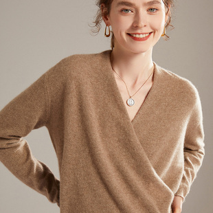 23秋冬新款 女套头落肩显瘦针织打底 交叉裹胸V领纯喀什米尔羊毛衫