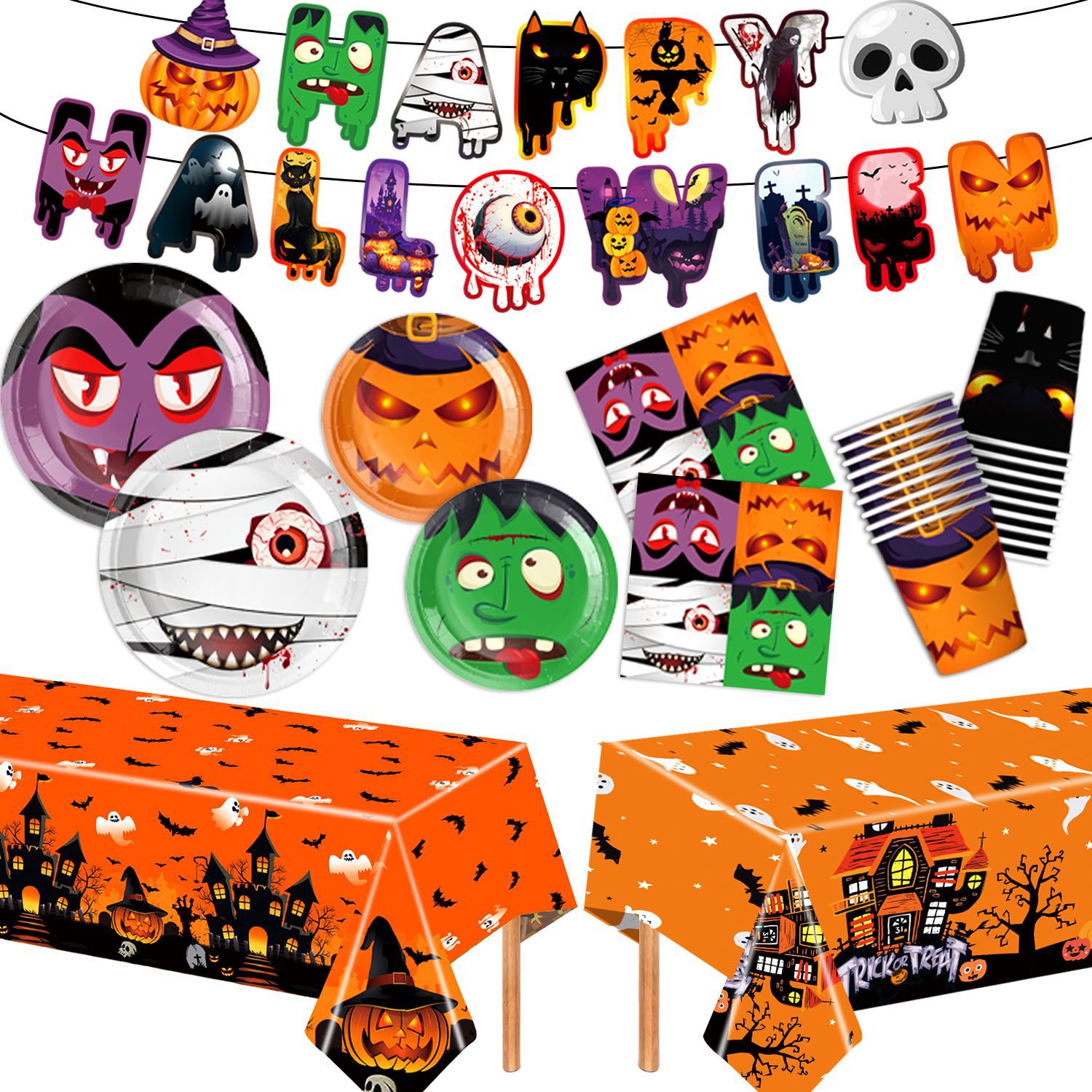 新款万圣节主题派对用品生日装饰聚会恐怖布置道具纸盘纸杯桌布