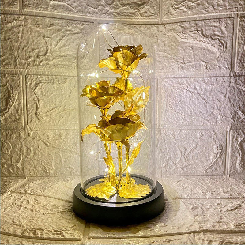 三朵金箔玫瑰永生花摆件